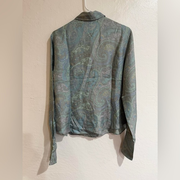 Lafayette 148 New York Green Women's Paisley Print 100% Silk Blouse size 12 - Picture 3 of 6